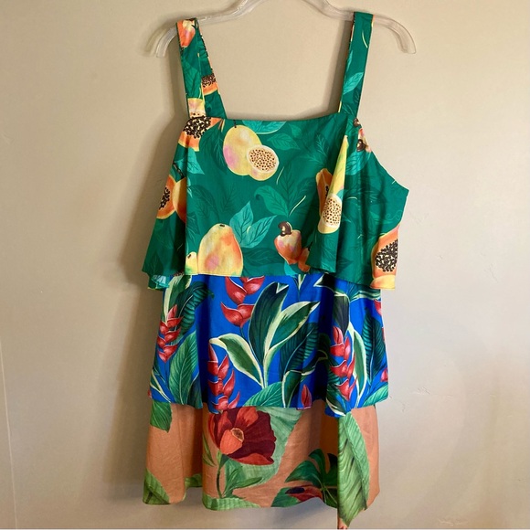 FARM Rio Mixed Prints Layered Mini Dress Ruffles Floral Tropical Green Size XL - Picture 6 of 16